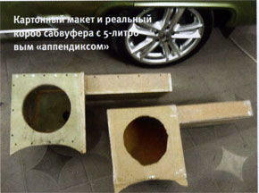 Картонный макет и реальный короб сабвуфера с 5-литровым «аппендиксом»
